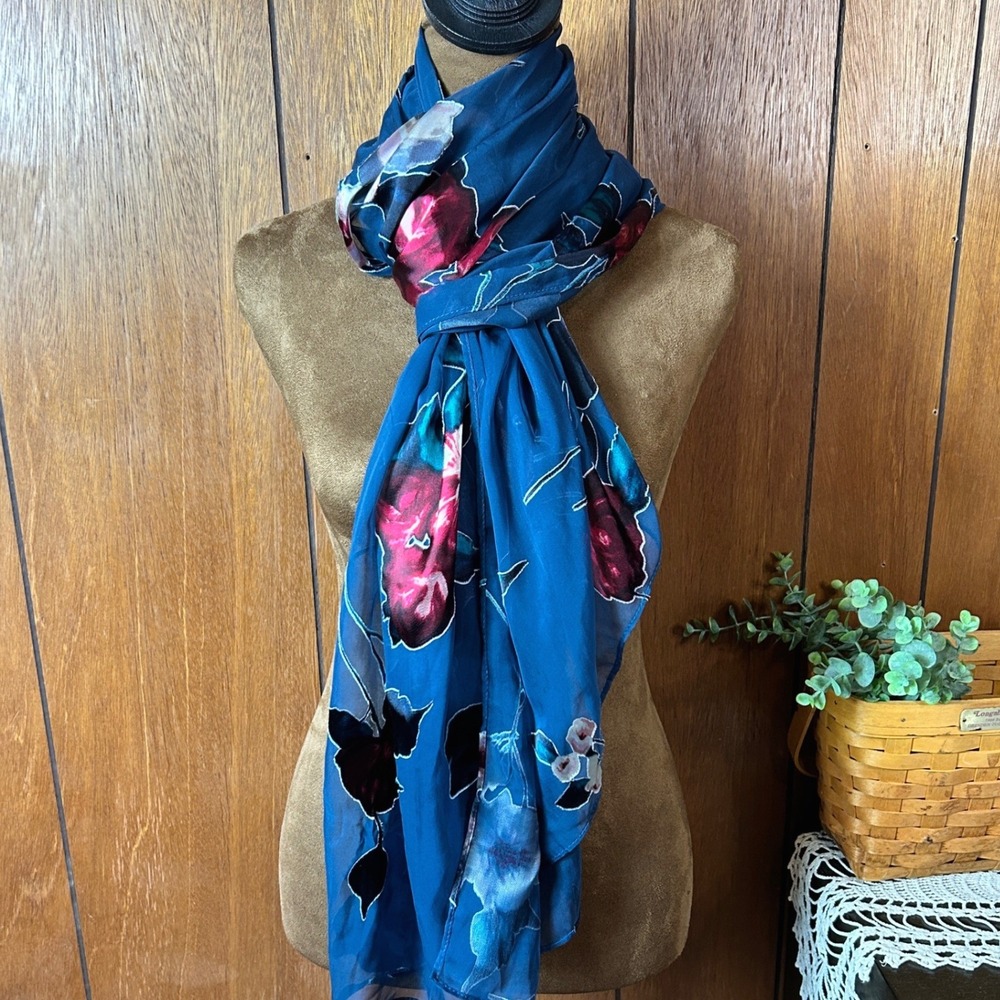 Sheer Floral Scarf Blue Pink Green Large Lightweight Fashion Accessory